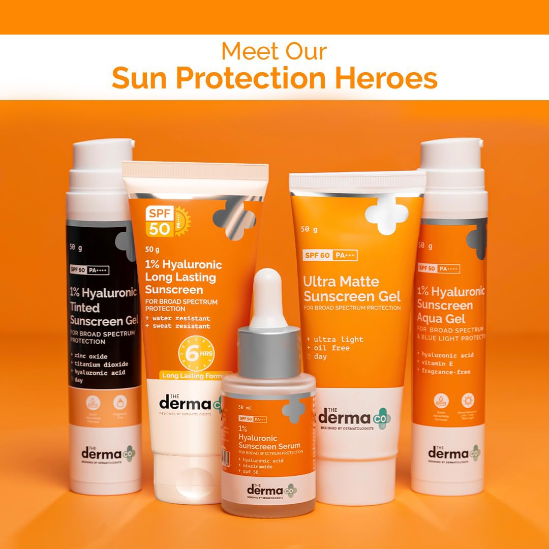 The Derma Co 1% Hyaluronic Long Lasting Sunscreen Spf 50 Pa++++|With Hyaluronic Acid & Vitamin E|For Broad Spectrum|Upto 6H Sun Protection|Water & Sweat Resistant|No Reapplication Needed|50G, All