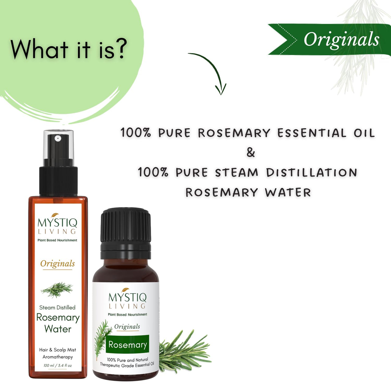 Mystiq Living Rosemary Essential Oil for Hair, Rosemary Water- Combo (100 ML + 15 ML) | Hair Spray for Regrowth | 100% Pure & Natural