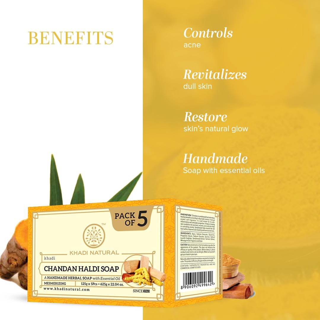 Khadi Natural Chandan Haldi Soap | Herbal Bathing Soap for Glowing Skin | Natural Soap with Essential Oils | Anti-Ageing Soap | Suitable for All Skin Types|Pack of 4 | (125gm*4) (500gm)