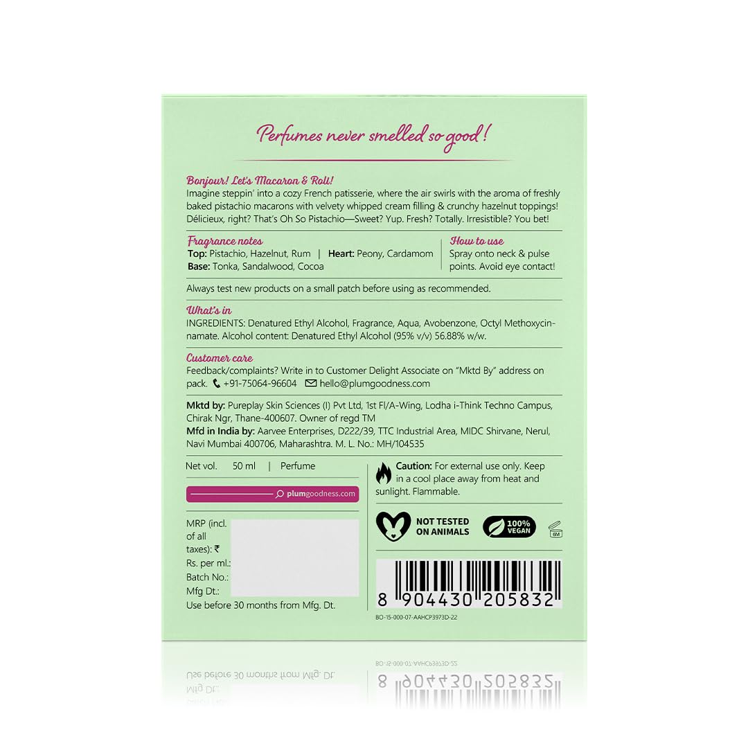 Plum BodyLovin' Oh So Pistachio Perfume | Long Lasting & Premium Oriental Gourmand Fragrance | Luxury Perfume For Women | Pistachio & Hazelnut Notes | Perfect For Holidays & Special Ocassions (50ml)