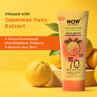 WOW Skin Science Japanese Yuzu + Vitamin C with 5 Ceramides Dewy Bright Sunscreen Gel | SPF 70 PA++++ 500x Vitamin C | Quick Absorption | No White Cast | Water Resistant | UVA + UVB Protection | 80ml