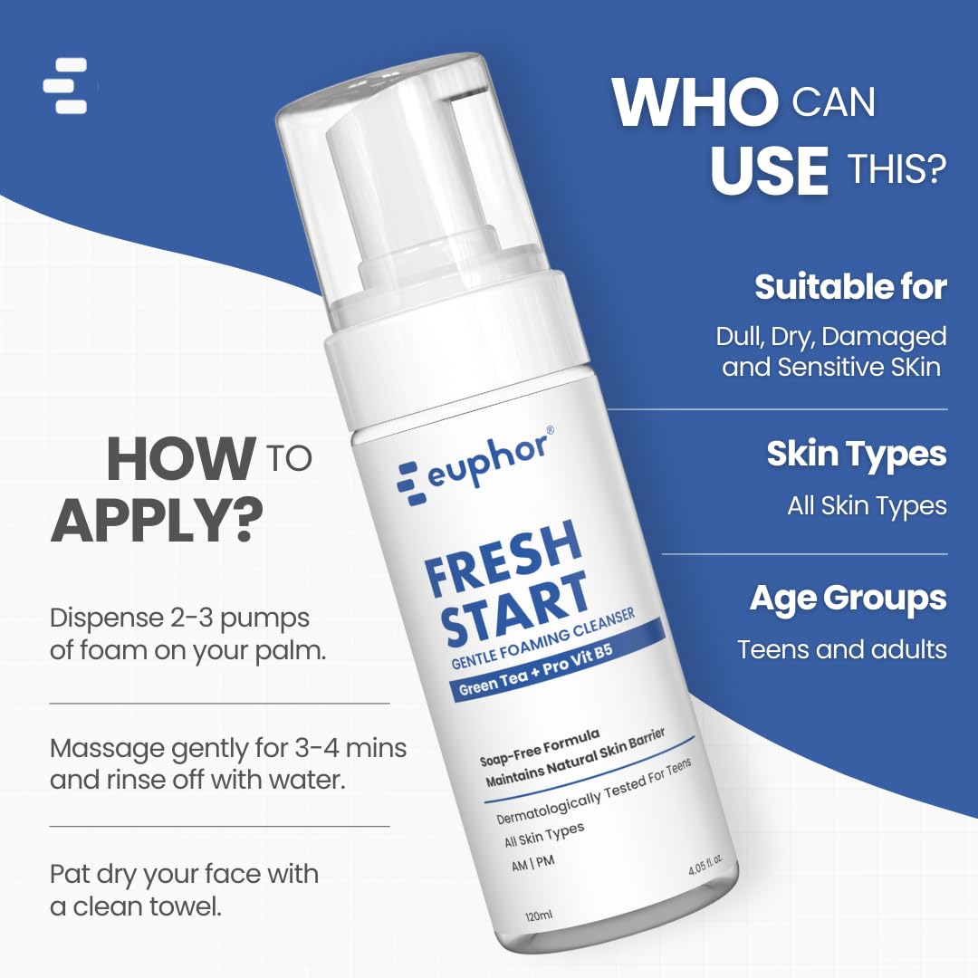 euphor Teens | Gentle Foaming Face Wash | for Age 12+ | All Skin Types- Dry, Oily and Combination | Green Tea, Aloe Vera, vitamin B3 | Gentle, Soap-free, Sulphate-free | FRESH START Euphoria | 120ml (1) | For Women and Men