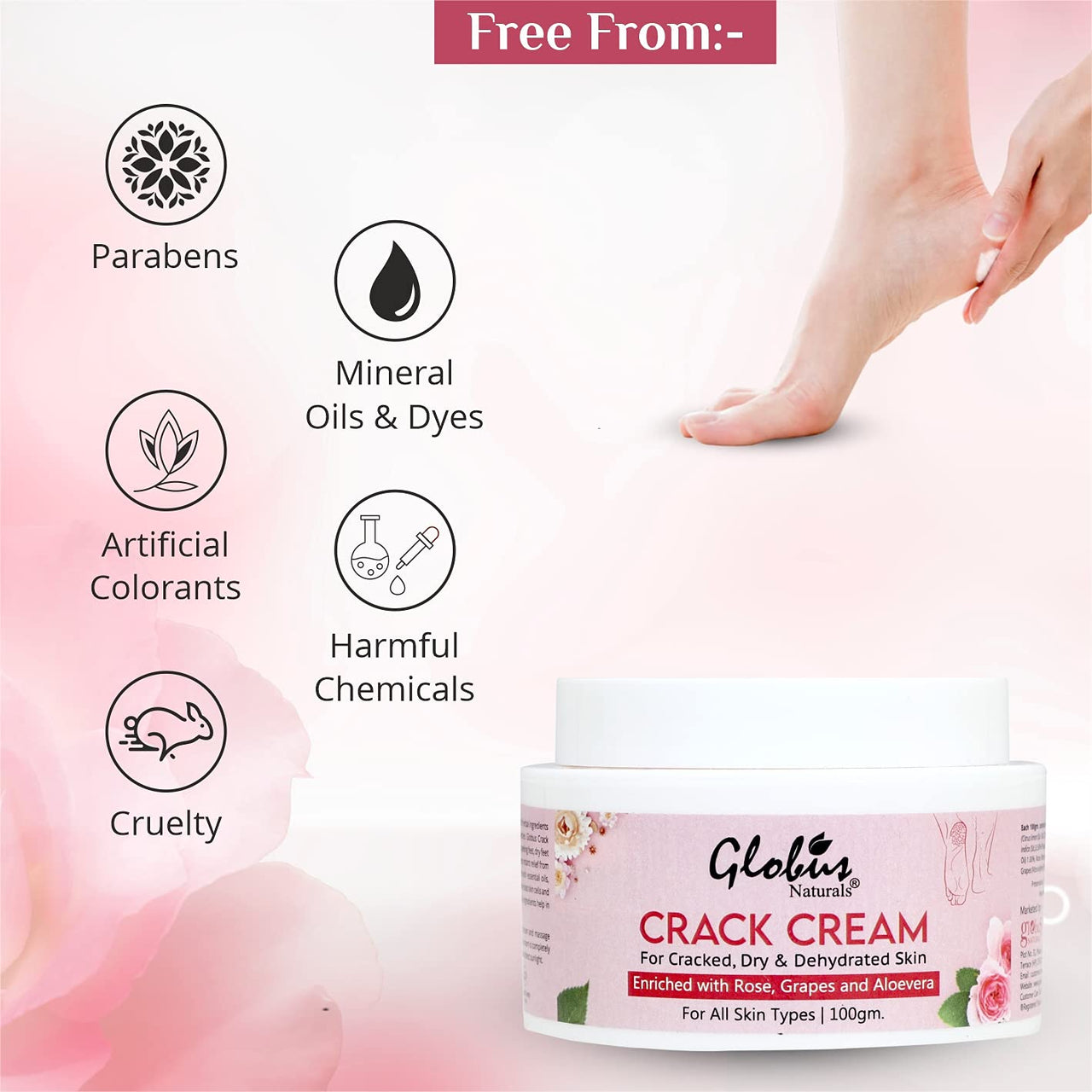 Globus Naturals Crack Cream for Dry Cracked Heels & Feet, Enriched with Aloevera, Grapes, Rose, Almonds, Lavender, 100g