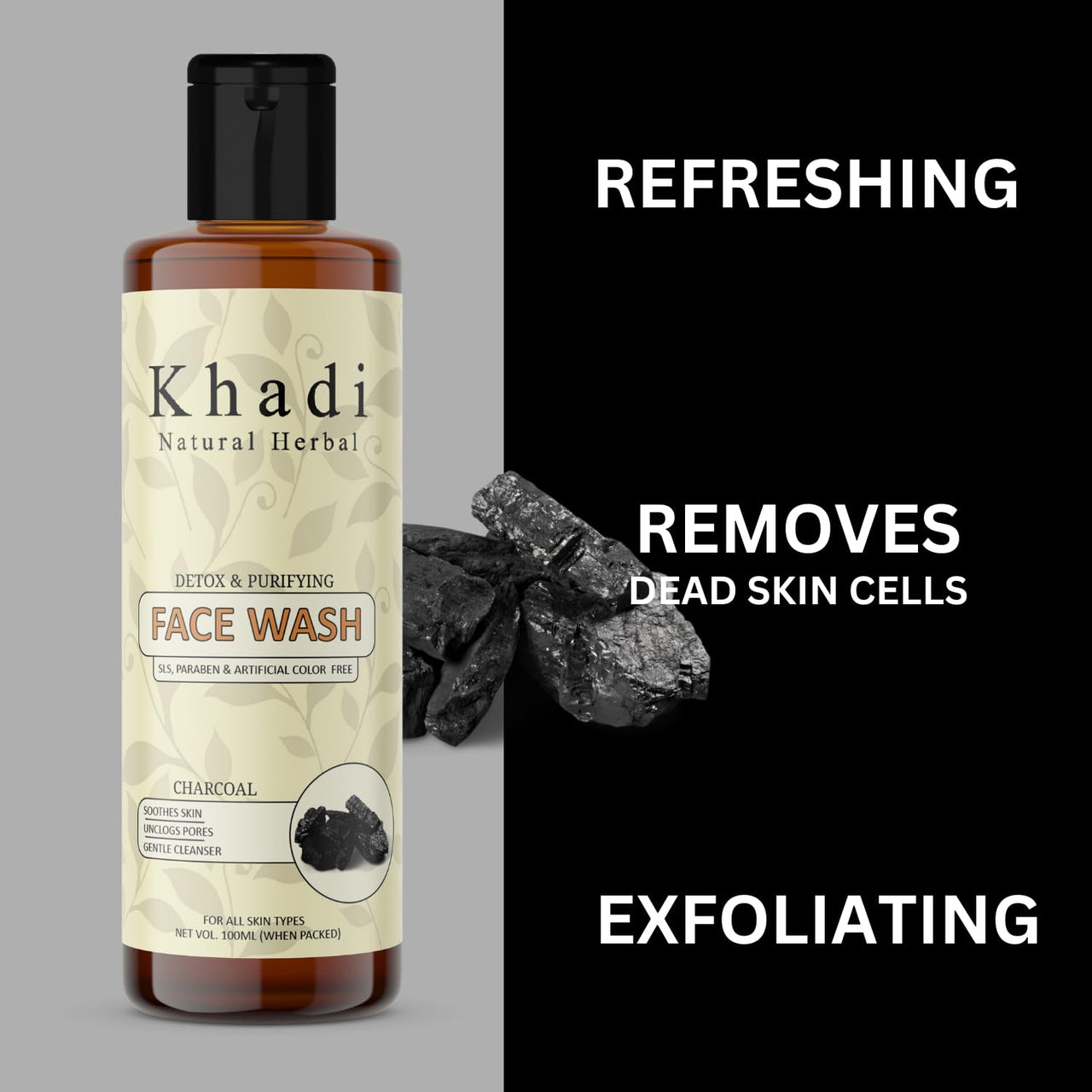 Khadi Natural Herbal Charcoal Face Wash | Soothes Skin | Unclog Pores | Deep Cleaned Skin | Radiant Glow | Detox & Purifying Pollution Clear Face Wash For Women & Men 100ml