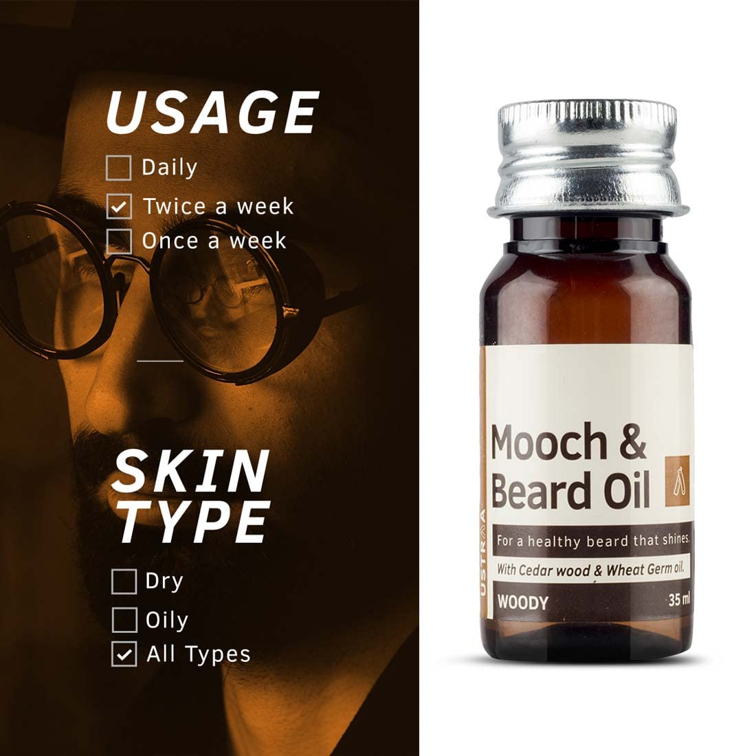 Ustraa Woody Mooch and Beard Oil - 35ml - Shine, Nourishment & Pleasant Fragrance for beard | No Paraben | Cedar Wood Essential Oil & Wheat Germ Oil rich in Vitamin E