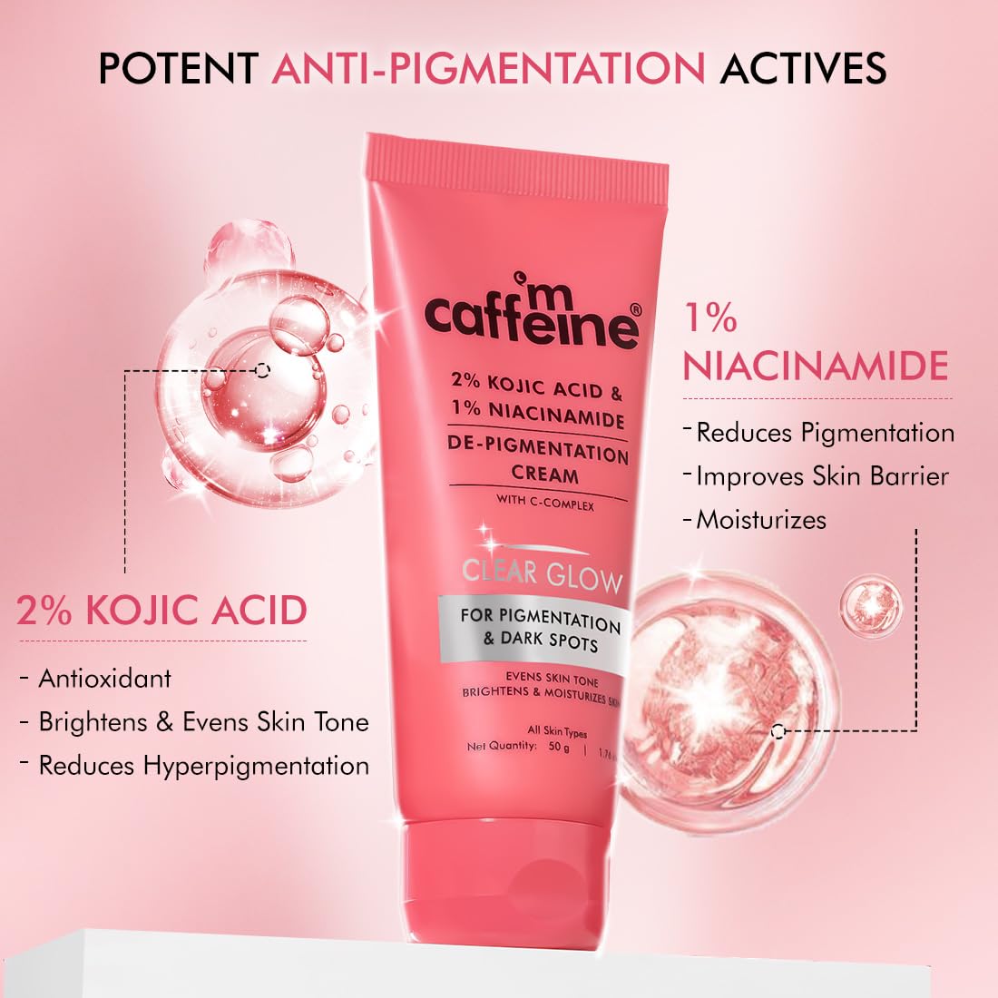 mCaffeine 2% Kojic Acid & 1% Niacinamide De-Pigmentation Cream| Reduces Dark Spots, Melasma, Tan & Evens skin tone |Skin Brightening Lightweight Moisturizer For Men & Women | For All Skin Types- 50g