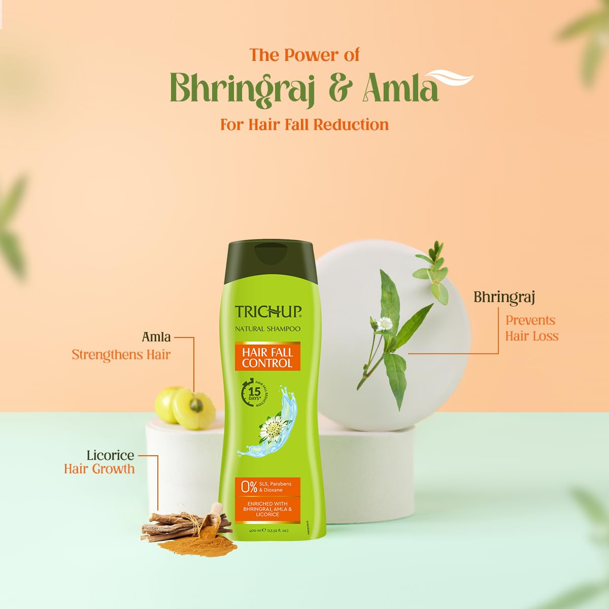 Trichup Hair Fall Control Natural Shampoo - Enriched Amla, Licorice & Bhringaraj - Help to Reduce Hair Fall & Thinning Hair- 400ml