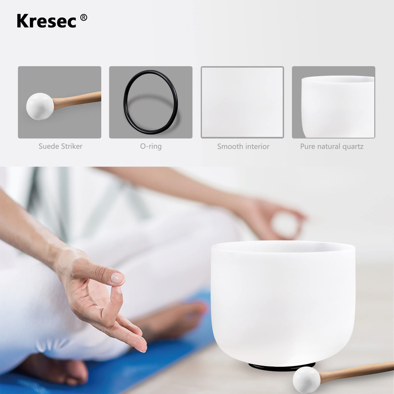 Kresec 8 Inch 432Hz Perfect Pitch Crystal Singing Bowl A Note (±10 cents) Third Eye Chakra with O-ring and Mallet for Meditation, Yoga, Spiritual and Body Healing and Energy Cleansing