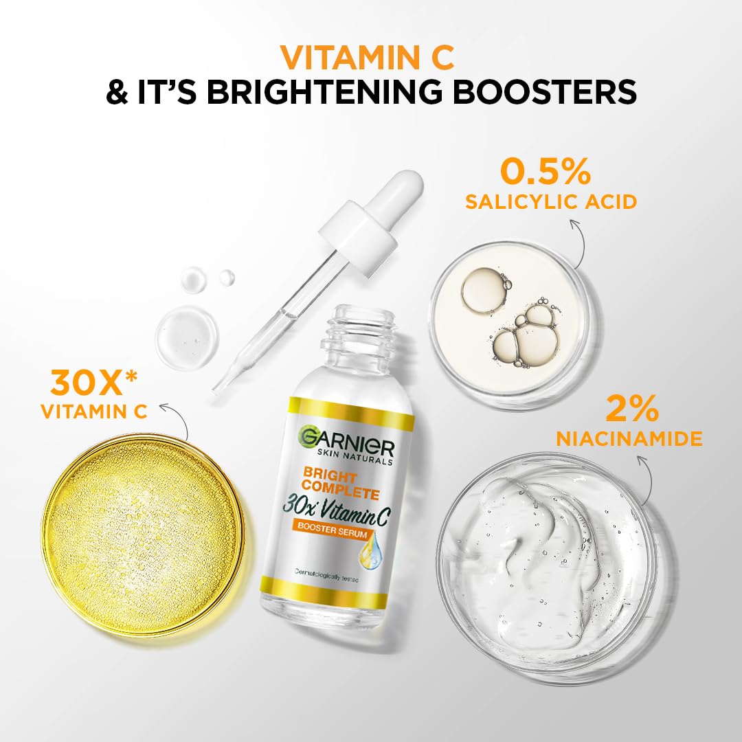 Garnier Skin Naturals, Face Serum, Increases Skin's Glow Instantly and Reduces Spots Overtime, Bright Complete Vitamin C Booster, 30 ml (Pack of 2)