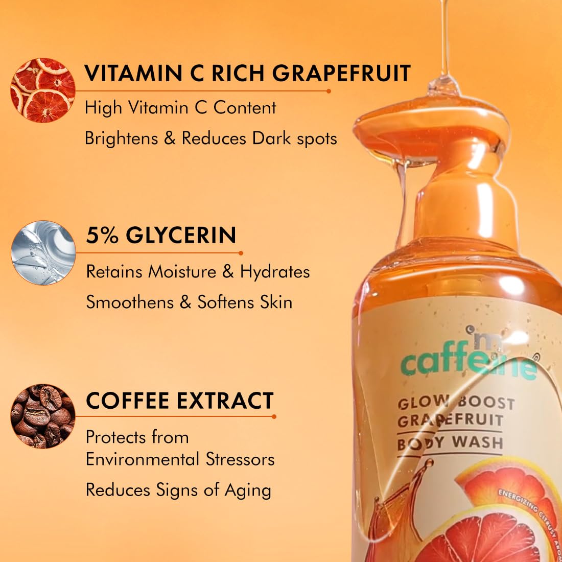 mCaffeine Glow Boost Grapefruit Body Wash | Fruity Grapefruit Aroma | Vitamin C Rich & 5% Glycerine | Deep Cleanse, Detan for Soft & Smooth Skin | Fragrance Shower Gel for All Skin Types- 300 ml