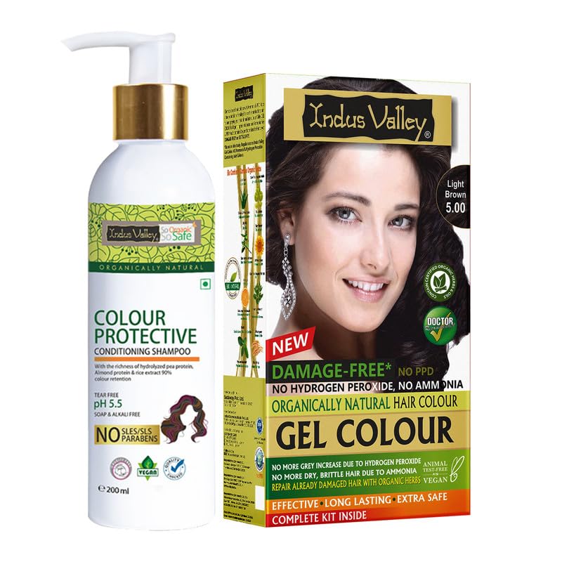 INDUS VALLEY Hair Color Trial Pack | Light Brown With Colour Protection Shampoo (200 ml)