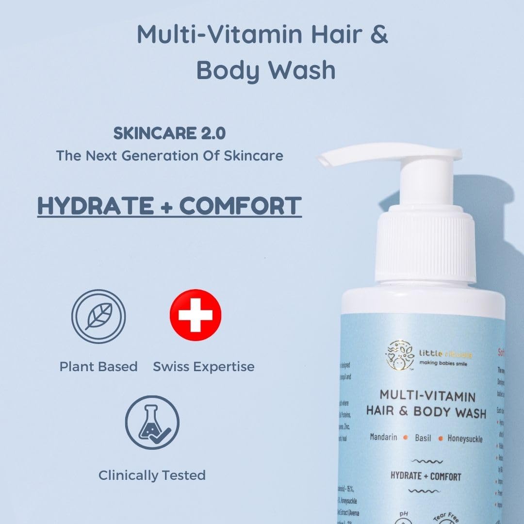 Little Rituals Baby Multi-Vitamin Body & Hair Wash - Tear Free + pH 5.5. Formulated with the best plant botanical - HONEYSUCKLE, BASIL, MANDARIN. Natural, Organic, Dermat tested, SWISS Technology (200ml)