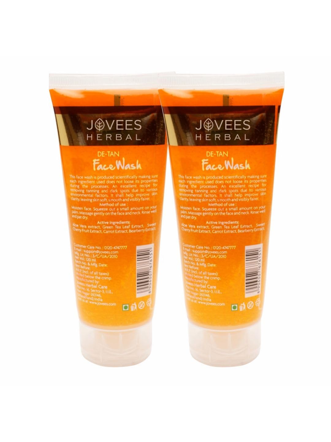 Jovees Herbal Detan Facewash For Glowing and Clear Skin With Liquorice & bearberry Ext. | Gentle Cleanser For Brighten, Even Tone and Hydrates Skin | Suitable for All Skin Types - 120ml (Pack of 2)