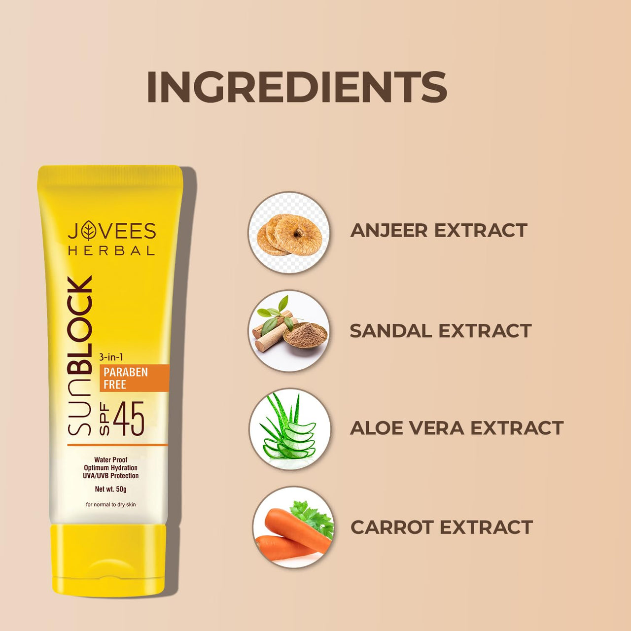 Jovees Herbal Sun Block SPF 45 For Even Toned & Glowing Skin | Suitable For Dry Skin | Sunscreen for UVA/UVB & Blue Light Protection | Lightweight & Non Grassy for Men & Women 50g (Pack of 2)