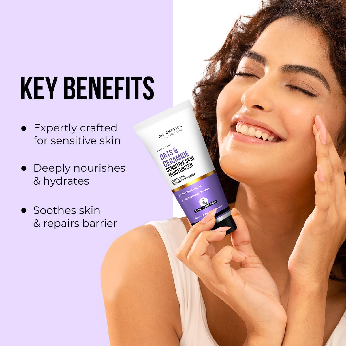 Dr. Sheth's Oats & Ceramide Sensitive Skin Moisturizer | Oil-Free | 1% Oats Complex & 1% Ceramide Complex | Soothes & Reduces Irritation | Strengthens Skin Barrier | Light Weight, Non-Sticky | Men & Women | 100 g