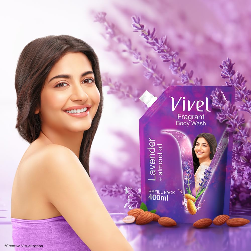 Vivel Fragrant Body Wash, Lavender & Almond Oil Shower Gel, 400 ml Supersaver Refill Pouch, Moisturizing Bodywash, Soft & Smooth Skin, Effective Cleansing, For Women & Men (Pack of 2)