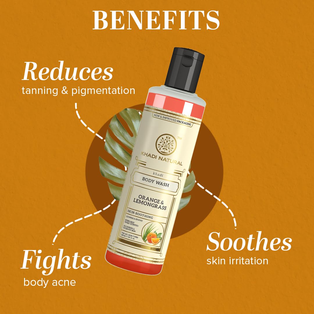 Khadi Natural Herbal Orange & Lemongrass Body Wash| Cleanses and Revives Skin|Shower Gel to Regulate oil production| Keeps skin blemish free|Suitable for All Skin Types| 210ml