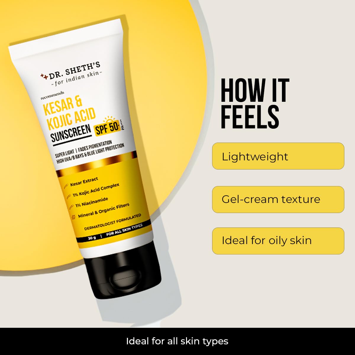 Dr. Sheth's Kesar & Kojic Acid Sunscreen with SPF 50 Pa++++ | For Pigtation-Free Skin | No White Cast & Light Weight | For Daily Moisturization | For All Skin Types | 30 g
