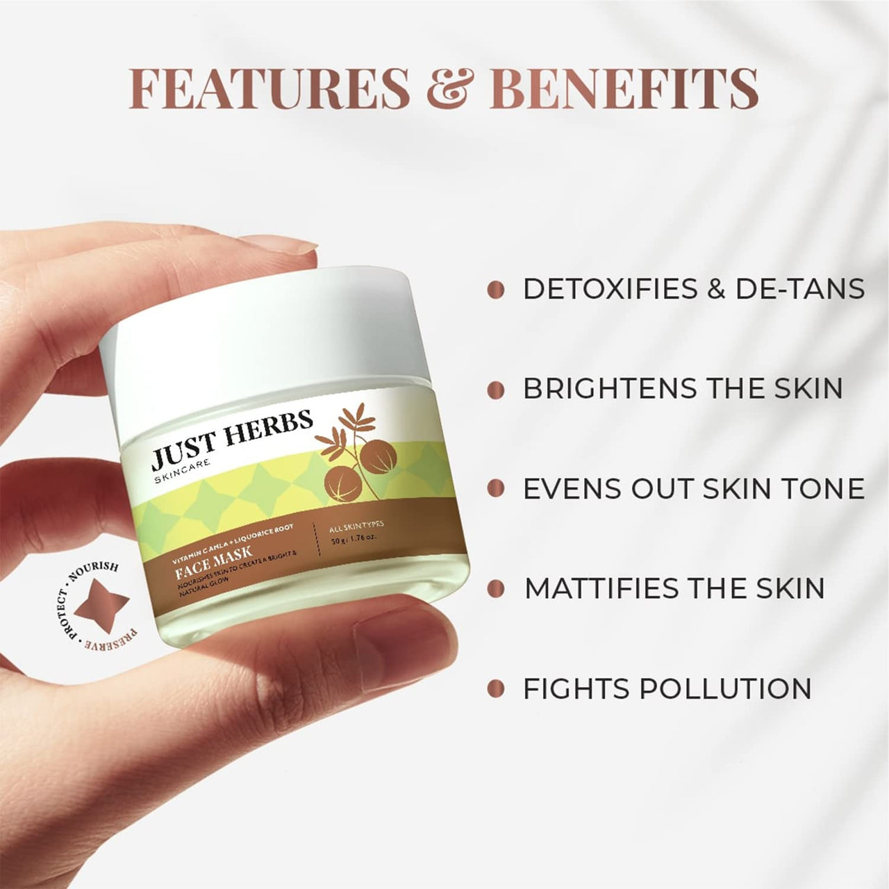 Just Herbs 8 In 1 Root Nourishing Amla Neem Hair Fall Control Shampoo 200 Ml & Just Herbs Ayurvedic Vitamin C Face Pack & Mask- 50 gm