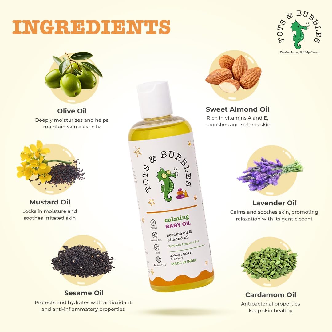 Tots & Bubbles Calming Baby Massage Oil with Sweet Almond & Olive Oil - 300 ml | Enriched with of Shea butter, Lavender & Mustard | Gentle on the skin, Free from Harmful Chemicals, No Artificial Scent
