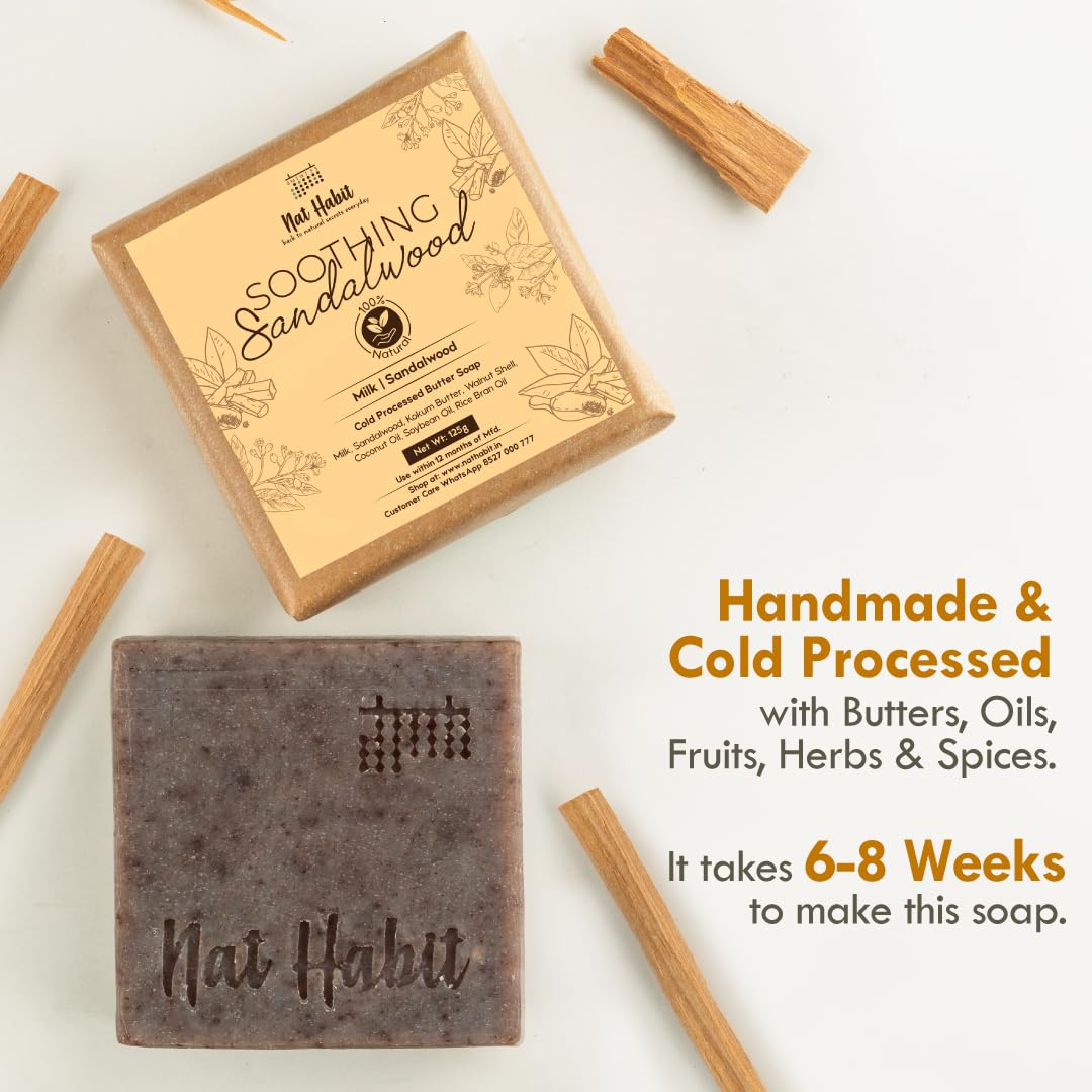Nat Habit Detox Charcoal & Soothing Sandalwood Butter Bath Soap - Made With Cold Processed, Butter, Activated Charcoal, Sandalwood & Milk - For Men & Women, 125g of Each (Combo Pack of 2)
