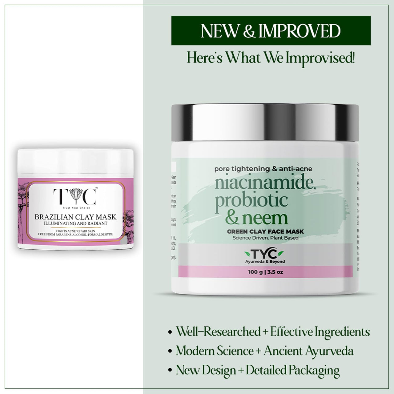 TYC Green Clay Face Mask With Niacinamide, Probiotics, Neem | Anti-Acne And Pore Cleansing Clay Mask For Oily, Acne-Prone Skin And Helps To Reduce Excess Oil | 100 gm Pack Of 1
