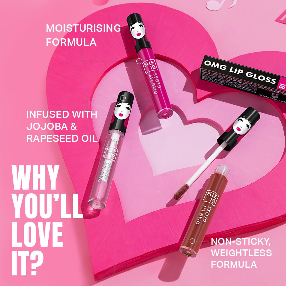 Elle 18 OMG Lip Gloss, Glossy Finish, Brownie Babe, Non-sticky Formula, Light-weight, Moisturising, Infused with Rapeseed and Jojoba Oil, Full Coverage| 2.5ml