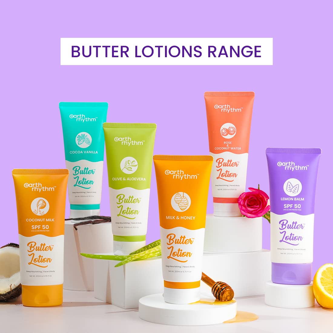Earth Rhythm Lemon Balm Butter Body Lotion SPF 50 PA+++ | Soothes Skin & UVA & UVB Sun Protection | Body Lotion for winter| for All Skin Type | Men & Women – 200ml