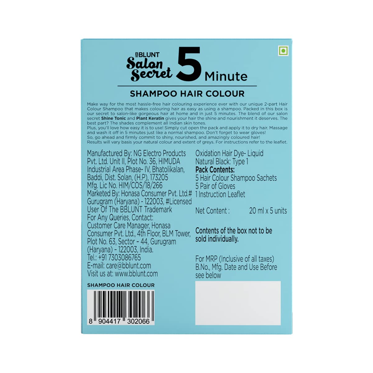 Bblunt Natural Black 5 Minute Shampoo Hair Colour For 100% Grey Coverage - 20ml X 5