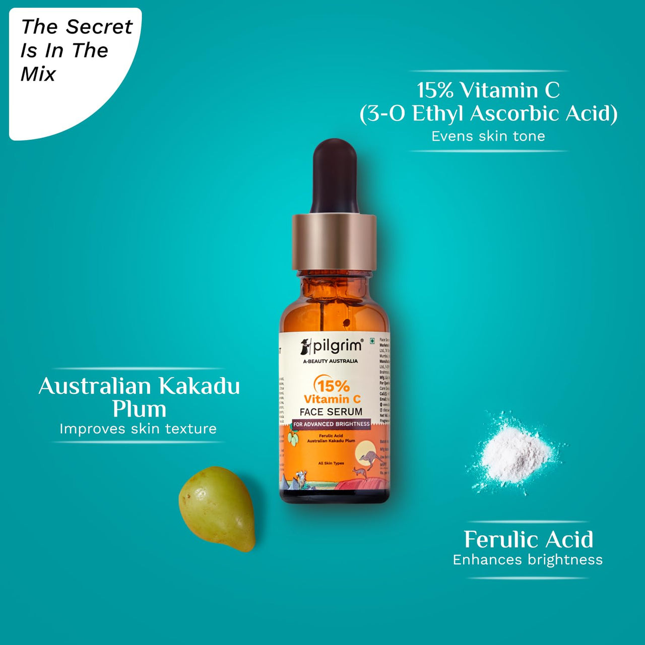 Pilgrim 15% Vitamin C Face Serum For Glowing Skin 20ml | Serum with Vit C, Ferulic acid, and Vit E | Reduces Dark Spots & Evens Skin Tone | Fragrance Free | For Men and Women | For All Skin Types