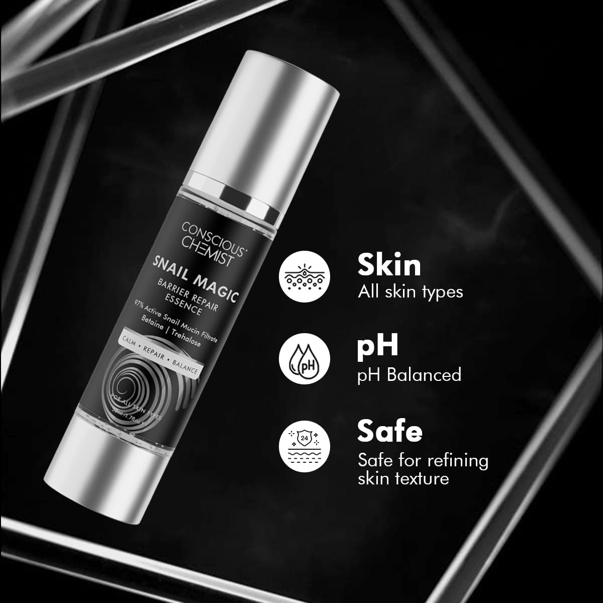 Conscious Chemist Snail Mucin Serum | 50ml | Barrier Repair Essence for Face, 97% Active Snail Mucin Filtrate, Betaine & Trehalose, For Dryness, Damaged Skin, Face Serum for Men & Women - Snail Magic