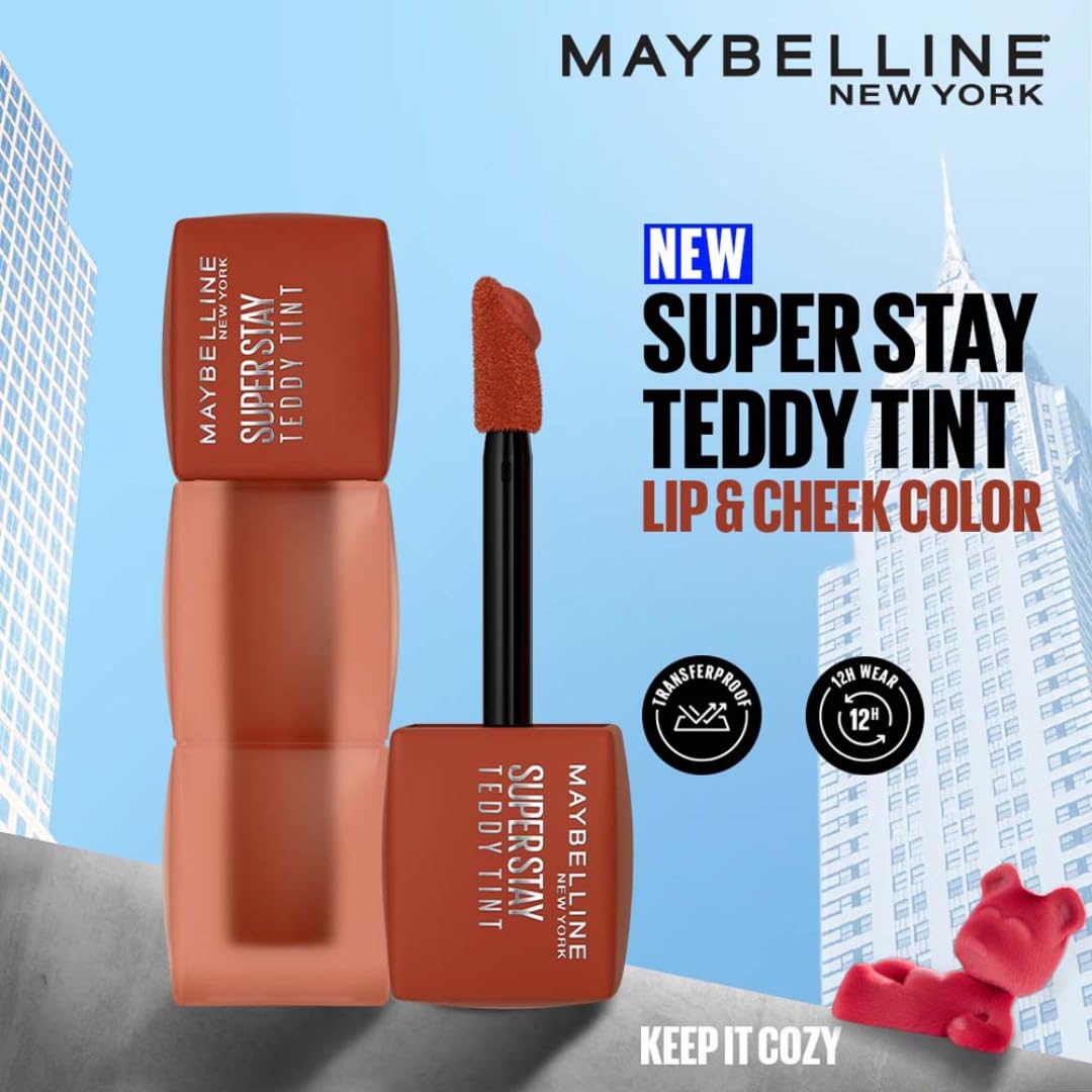 Maybelline New York Super Stay Teddy Tint - Lip and Cheek Color, Keep It Cozy, 5ml | Teddy Soft Matte up to 12Hr |Multi Use |Comfortable Long wear formula |Buildable |Natural flushed look in one swipe