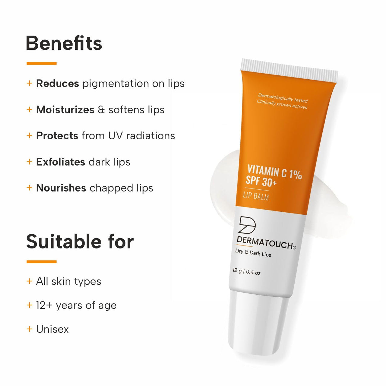 DERMATOUCH Vitamin C 1% Lip Balm | Brightening Lip Balm | SPF 30+ | 12g