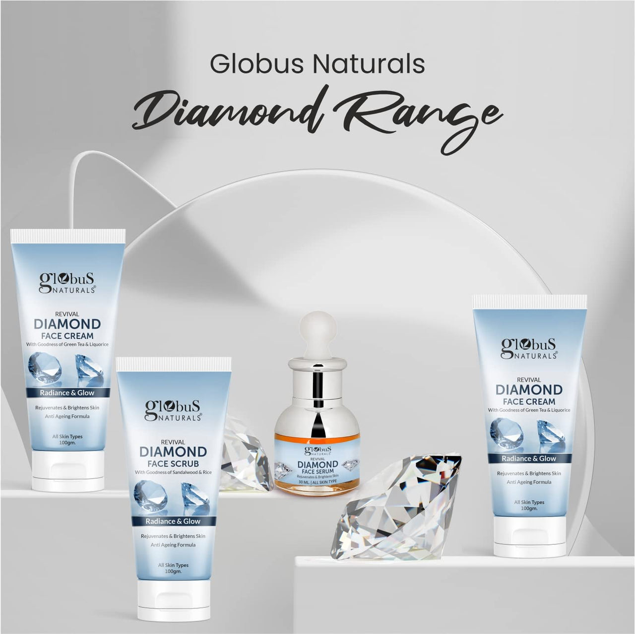 Globus Naturals Revival Diamond Face Scrub, For Deep Pore Cleansing & Skin Lightening, Natural & Ayurvedic Formula, Chemical Free, Cruelty Free, Suitable For All Skin Types, 100 gm