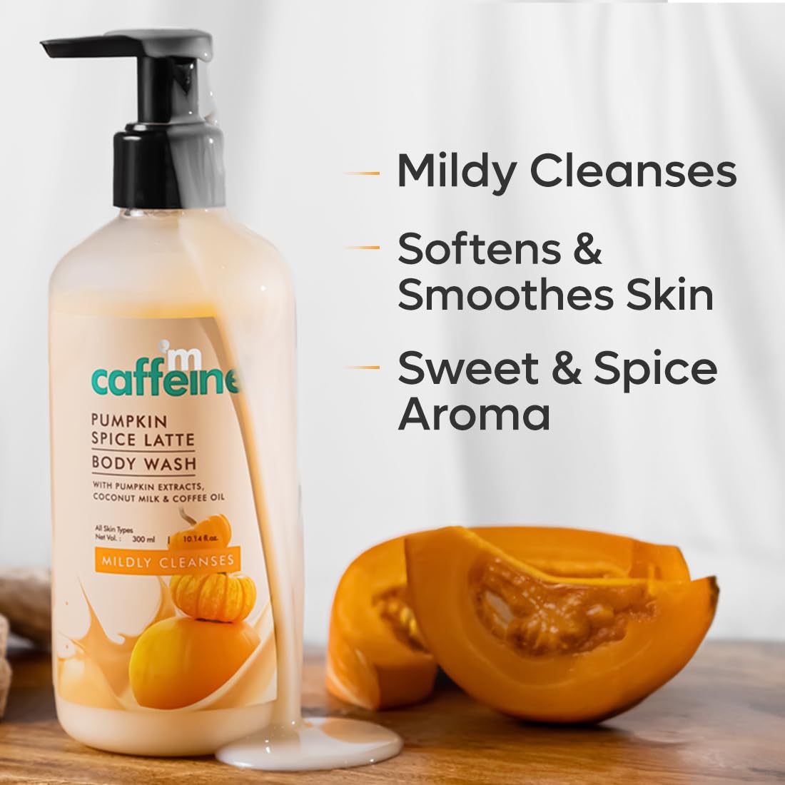mCaffeine Pumpkin Spice Latte Body Wash with Sweet & Spicy Aroma | Mildly Cleanses for Soft & Smooth Skin | SLS & Soap Free | Fragrance Body Wash for Men & Women |All Skin Types - 300 ml