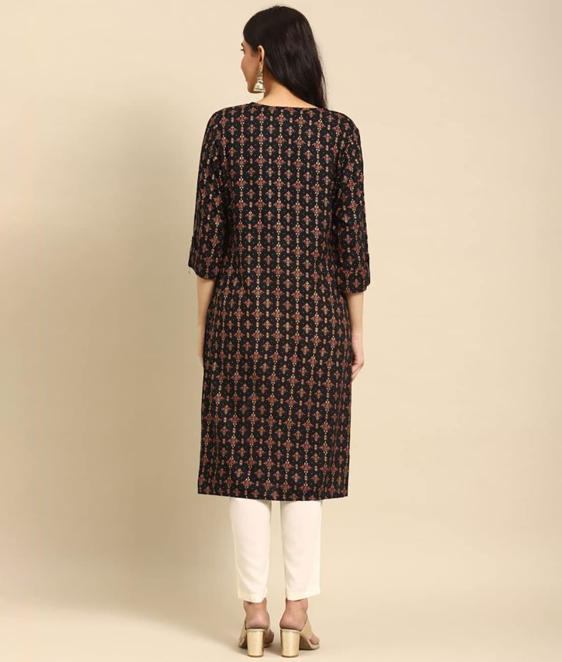 rangita Women Rayon Gold Printed Calf Length Straight Kurti