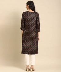 rangita Women Rayon Gold Printed Calf Length Straight Kurti
