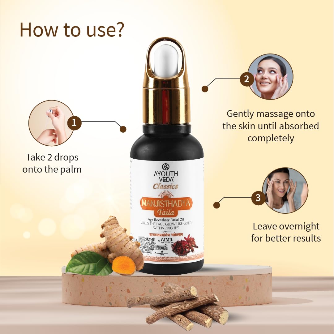 Ayouthveda Manjisthadya Taila | Nourishes Skin Tone With Goat Milk & Matulunga| Helps To Restore Dull Skin | Work As Natural Skin Illuminator | Anti-Aging Facial Oil (Pack Of 2-30ml each)