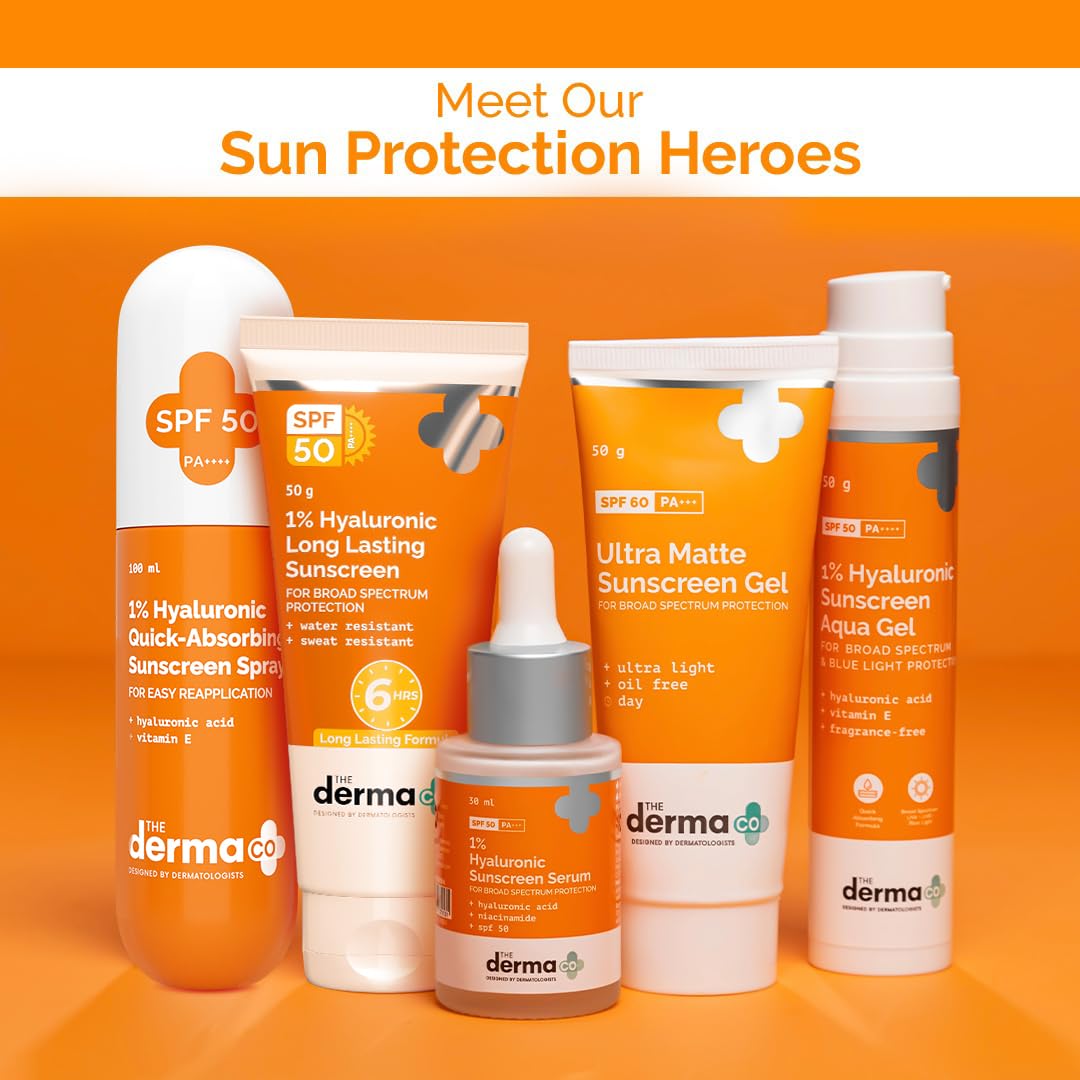 The Derma Co. 1% Hyaluronic Quick-Absorbing Sunscreen Spray |Hyaluronic Acid & Vitamin E | SPF 50 & PA++++ | No White Cast | Hydrating Fluid | Easy Reapplication | Face & Body | All Skin Types-100 ml