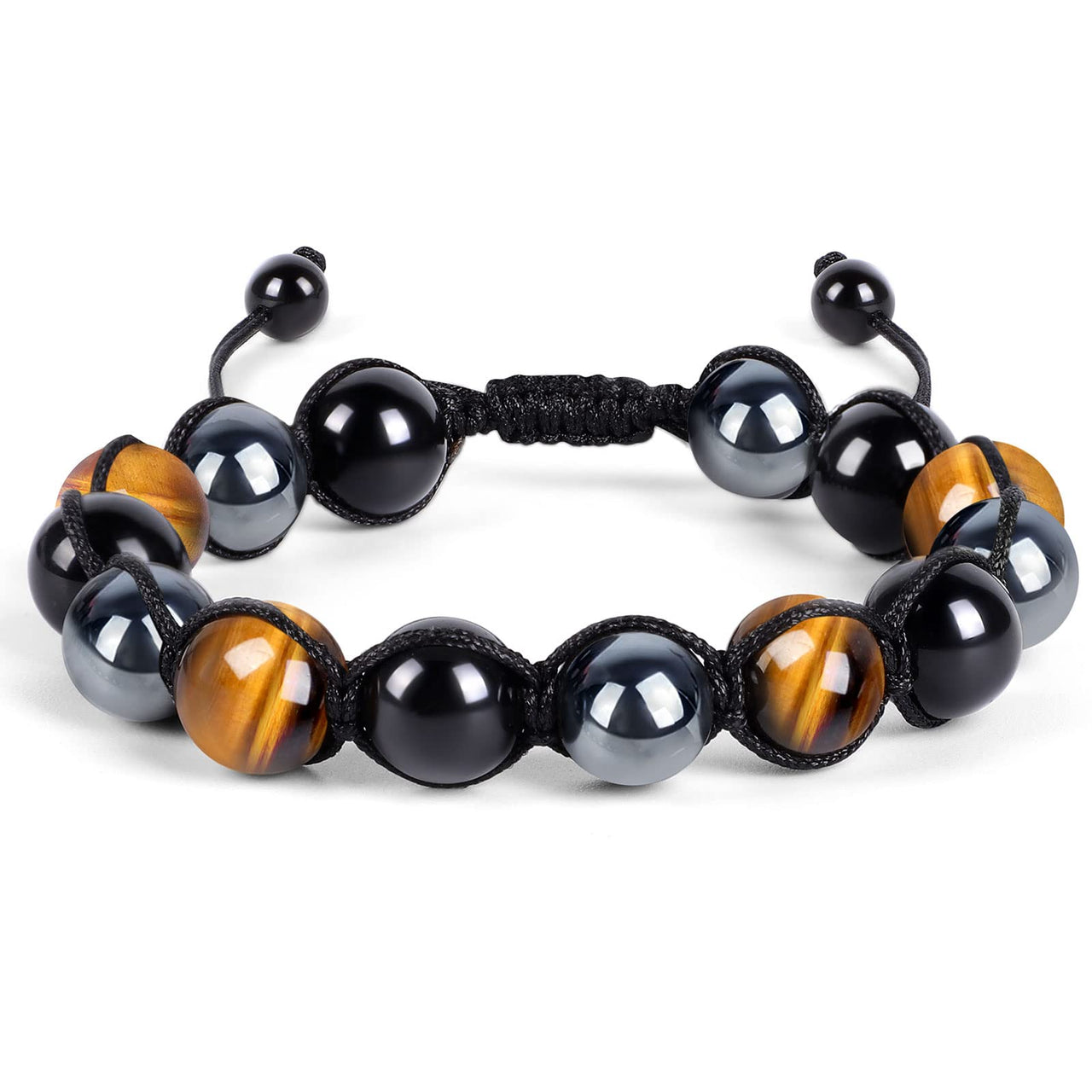 Tiger Eye Triple Protection Bracelet, Hematite Black Obsidian Tiger Eye Bracelet for Men Women Stone 10mm Bead Crystal Healing Bracelet, Anti-anxiety Bracelet B-Yellow Tiger Eye