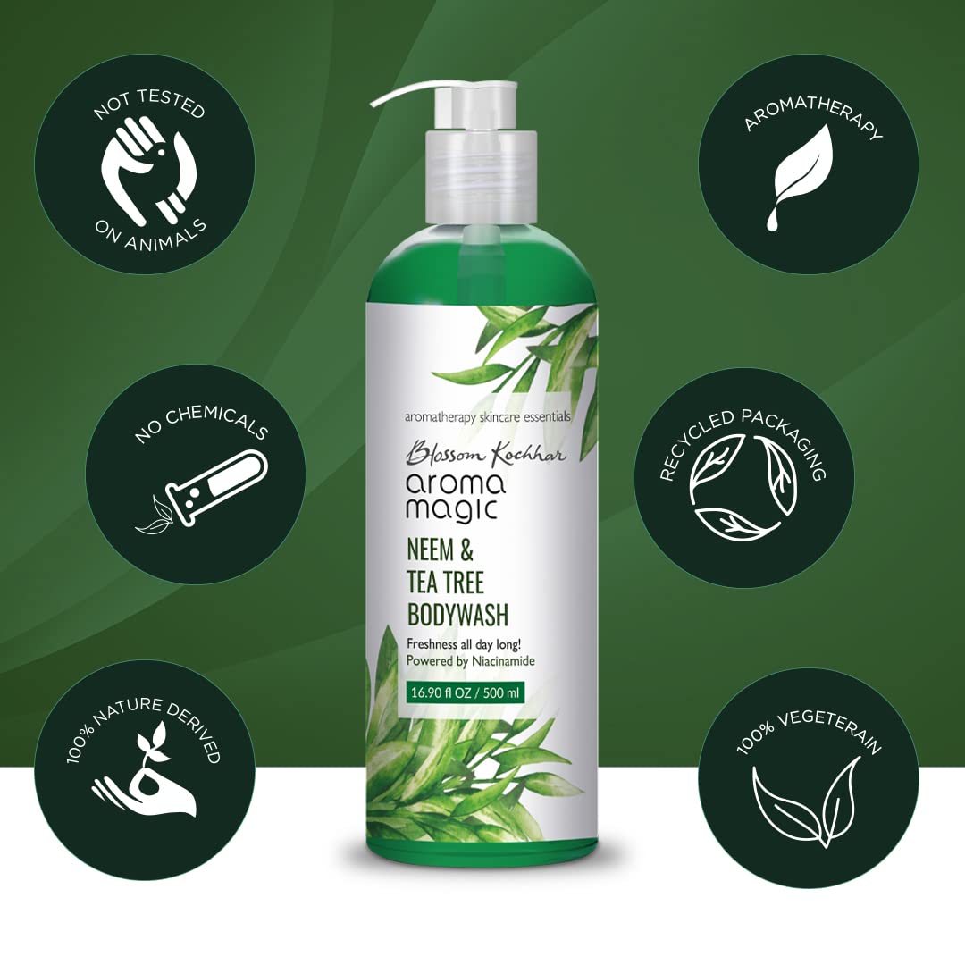 Aroma Magic Neem & Tea Tree Body Wash Pwrd by 5% Niacinamide | Removes harmful bacteria, protects with anti-microbial & antioxidant properties with neem oil, tea tree oil, Apple cider vinegar –250ml
