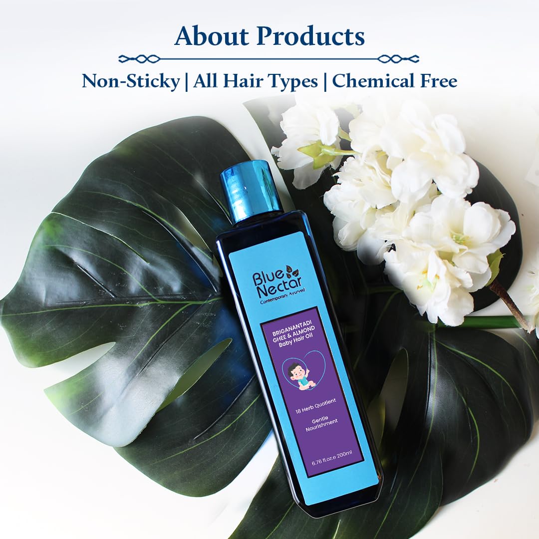 Blue Nectar Ayurvedic Baby Hair Oil with Organic Ghee, Almond Oil, Coconut Oil & Olive Oil for Hair and Scalp (18 Herbs, 100 ml)