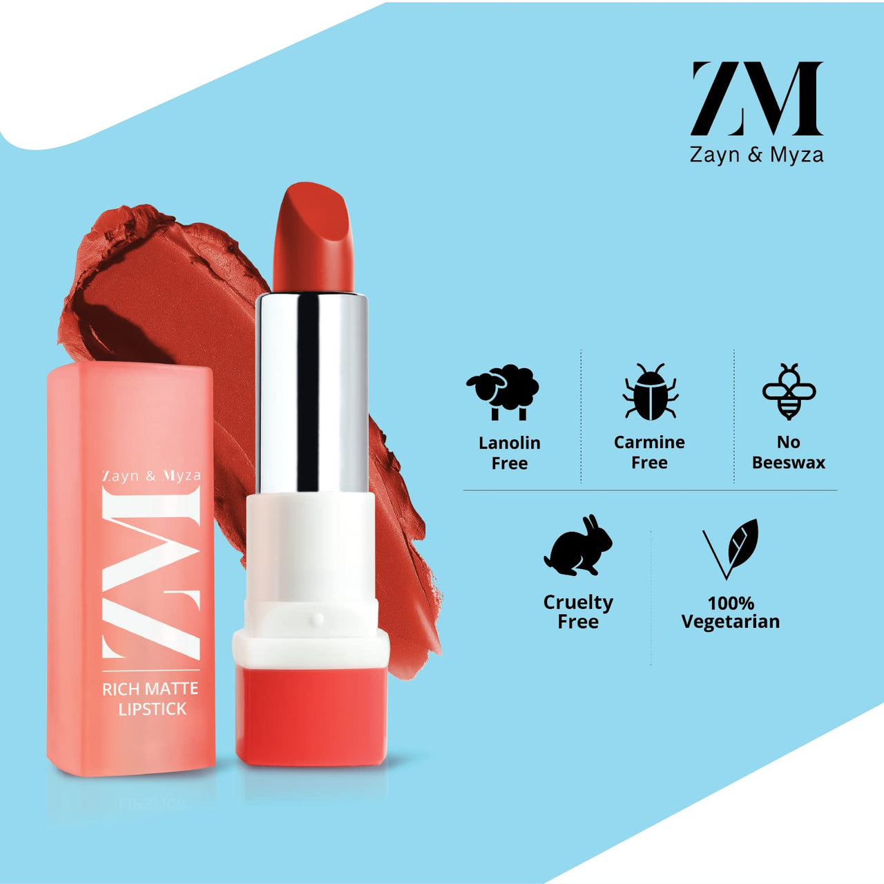 ZM Zayn & Myza Rich Matte Lipstick | Smooth and Light Weight | Intense Color in one Swipe | High Pigmentation Bullet Lip Stick Enriched with Argan oil, Murumuru and Shea Butter, (Prep Show, 4.2 G)