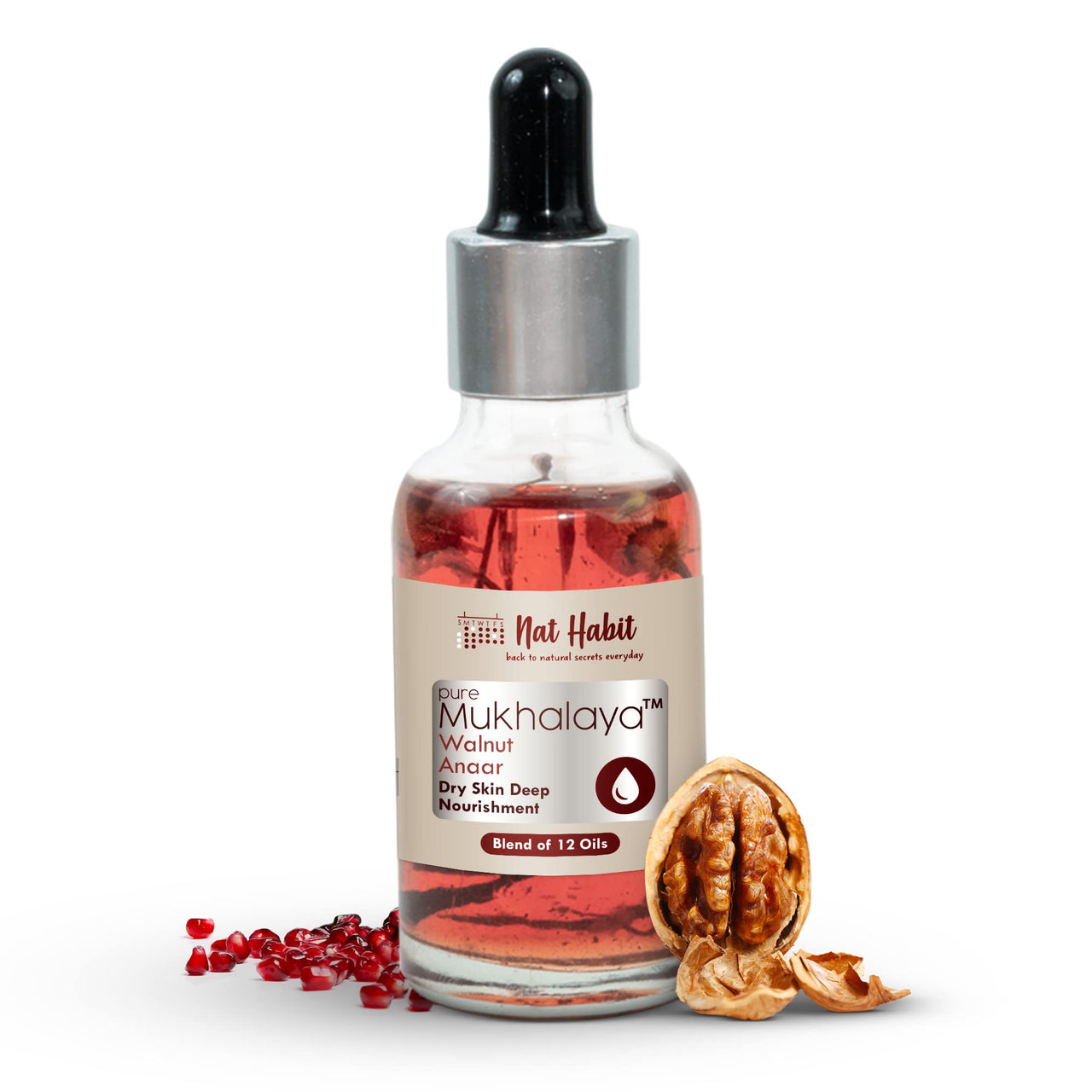 Nat Habit Walnut Anaar Mukhalaya, Face Oil For Women Dry Skin Deep Nourishment, with Blend of 12 Cold Pressed Oils For Dryness Reduction, 15ml