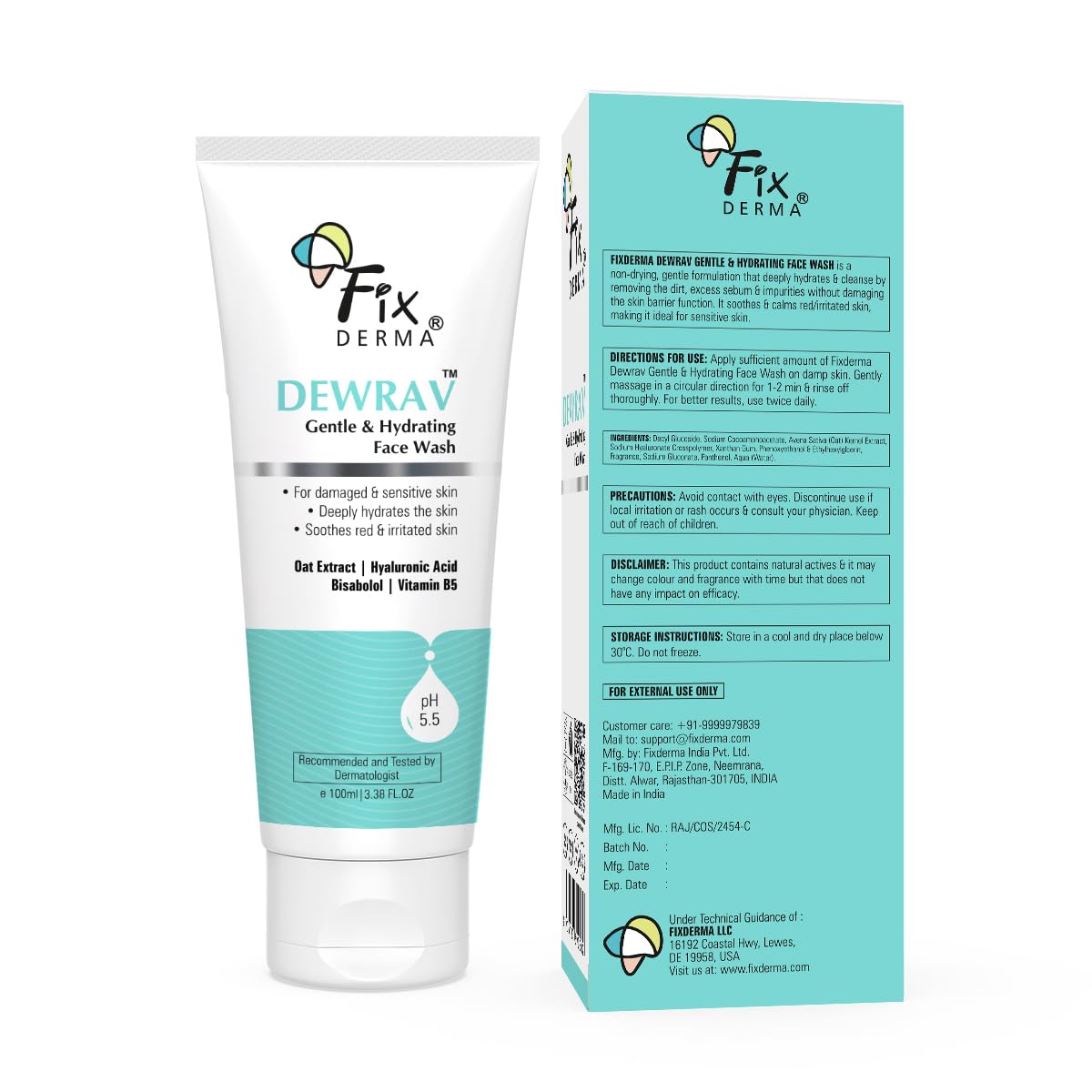 Fixderma Dewrav Gentle & Hydrating Face Wash with 6% Oats Extract, Hyaluronic Acid, Vitamin B5, Bisabolol | Soothes Irritated Skin | Provides Hydration | Face Cleanser For Sensitive, Dry to Normal Skin, 100Ml