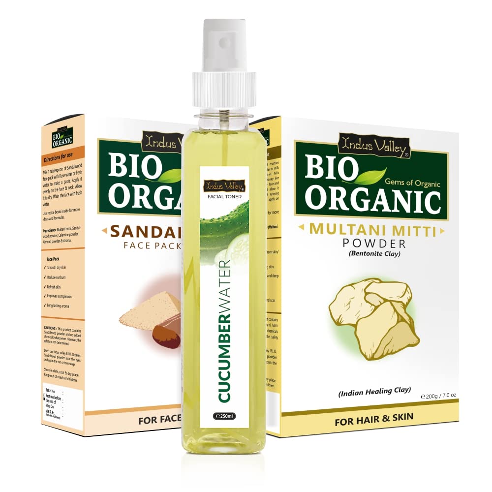 INDUS VALLEY Organic (Sandalwood Face Pack+ Aloevera Cucumber toner+ Multani Mitti Powder | Healing Clay | Bentonite clay) 200g+ 200g =400g,250ml