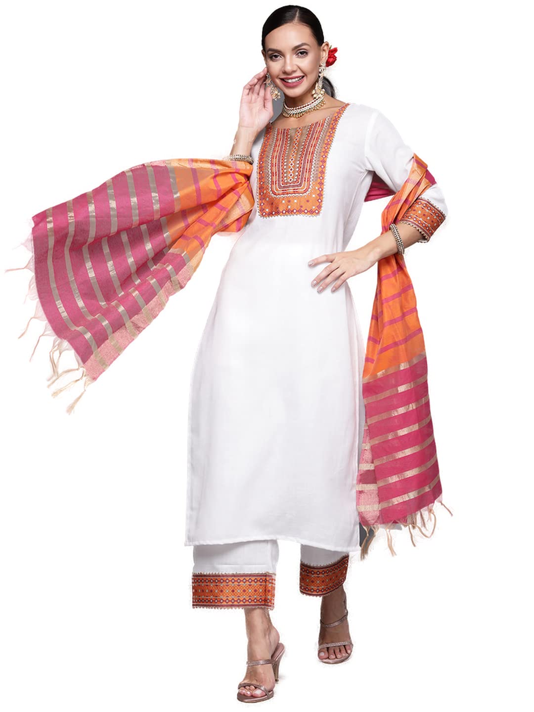 INDO ERA Women's  Solid Cotton Blend Straight Kurta Palazzo With Dupatta Set