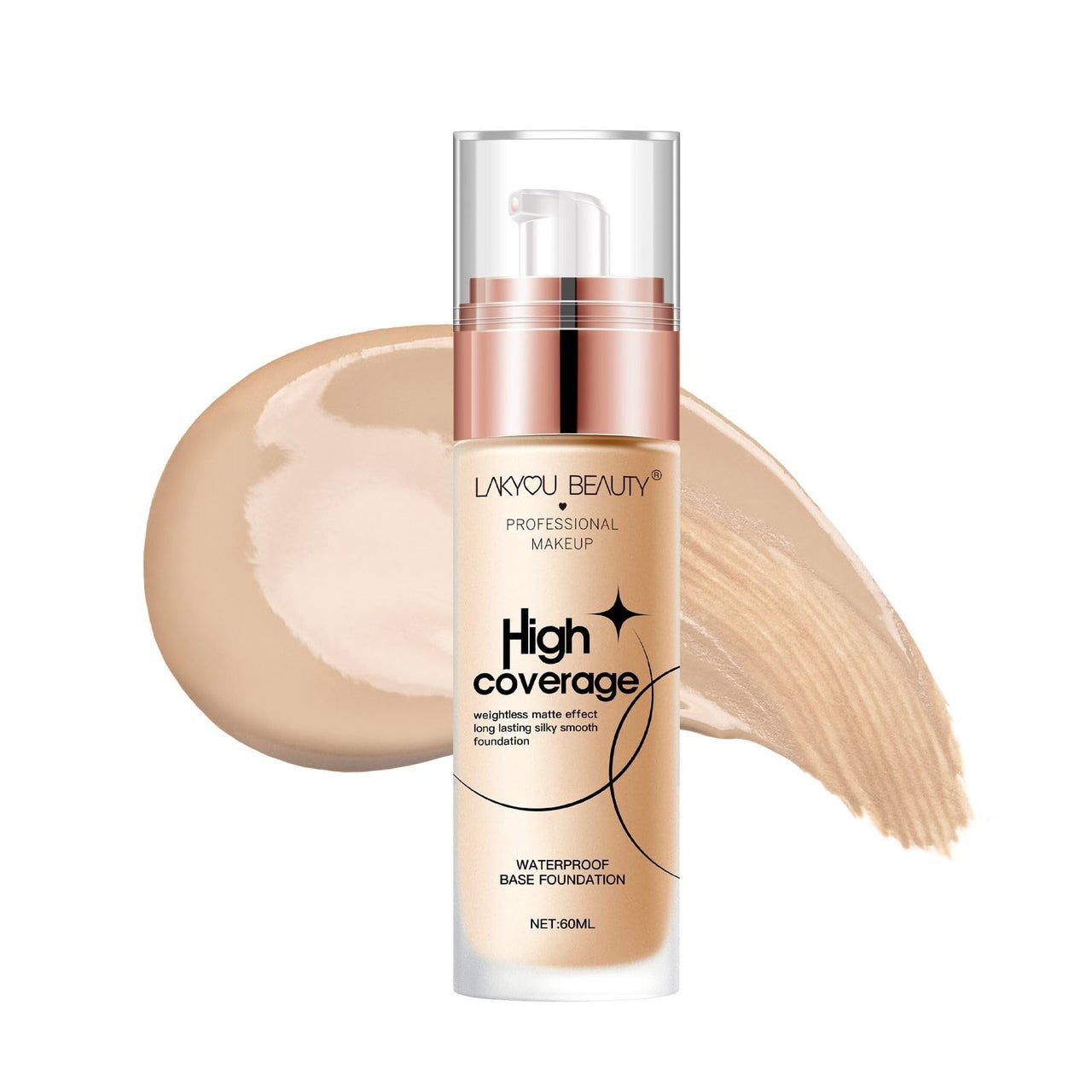 Lakyou Beauty High Coverage Foundation | Lightweight Waterproof Base Makeup | Weightless Matte Effect | Long-Lasting Silky Smooth Finish | 60ml (05(Rich Nude), 60ml)