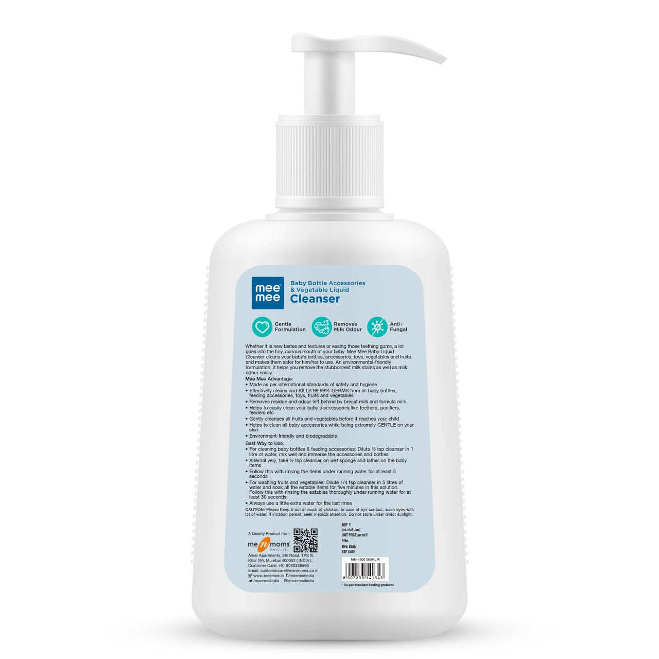Mee Mee Baby Liquid Cleanser 500ml, Anti-Bacterial Kills 99.9% Germs | Cleanser for Bottles, Nipples, Accessories, Toys, Fruits & Vegetables | No Alcohol, One Drop Cleaning, Dermatologically Tested