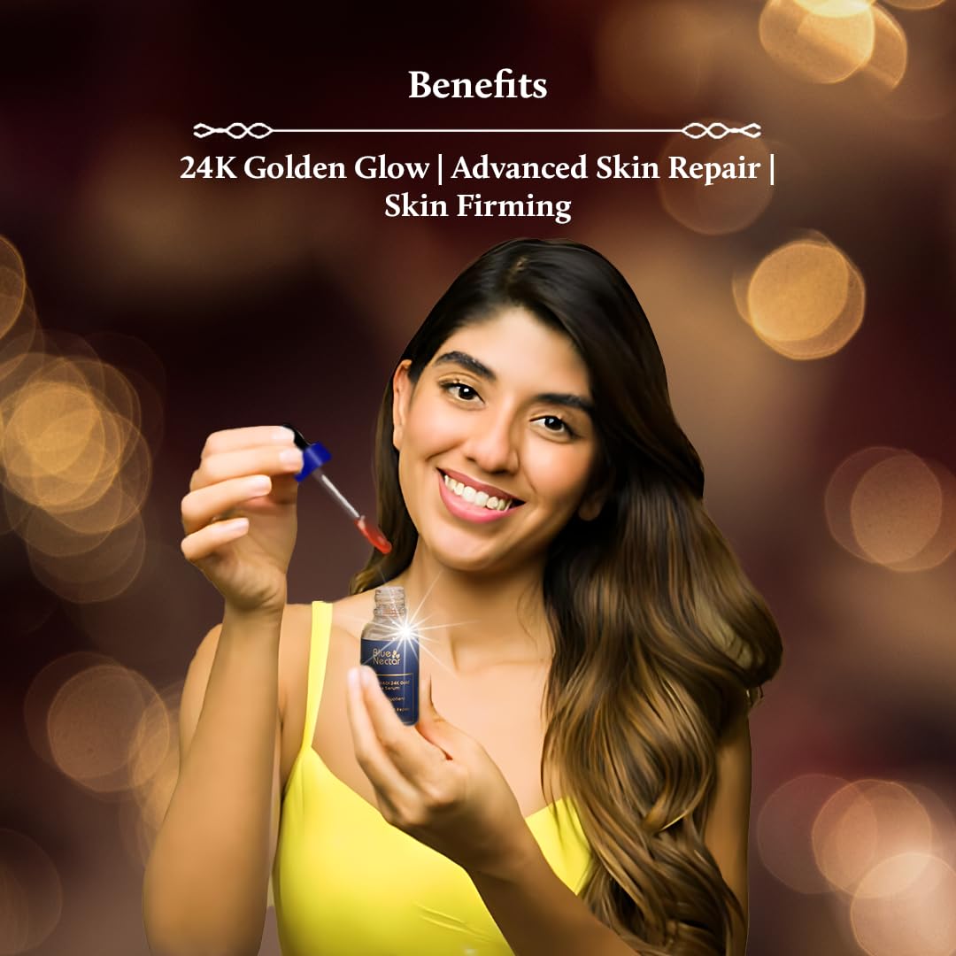 Blue Nectar 24k Gold Serum for Glowing Skin | Natural Kumkumadi Oil Serum for Face Infused with 24K Gold | Ayurvedic Face Serum for Skin Brightening and Skin Firming (24 Herbs, 10ml)